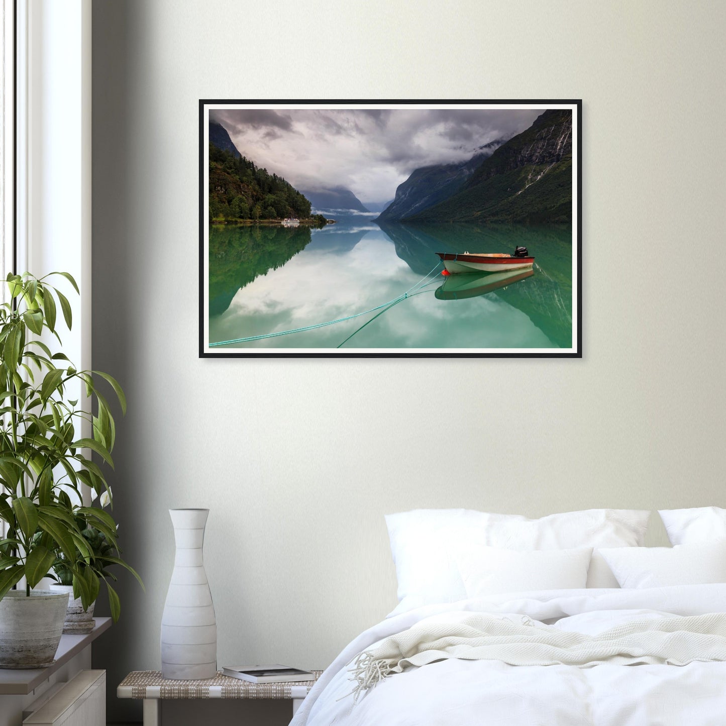 Atmospheric framed wall art of Lovatnet Lake Norway scenery