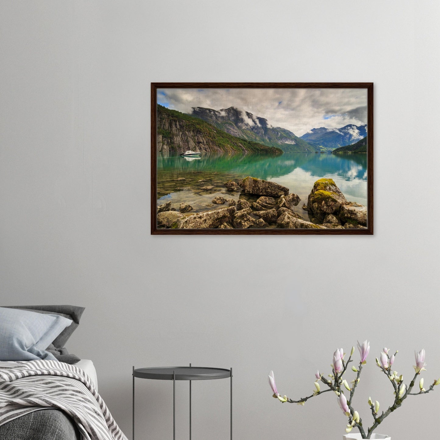 Moss-covered rocks at lake edge in Norwegian canvas artwork