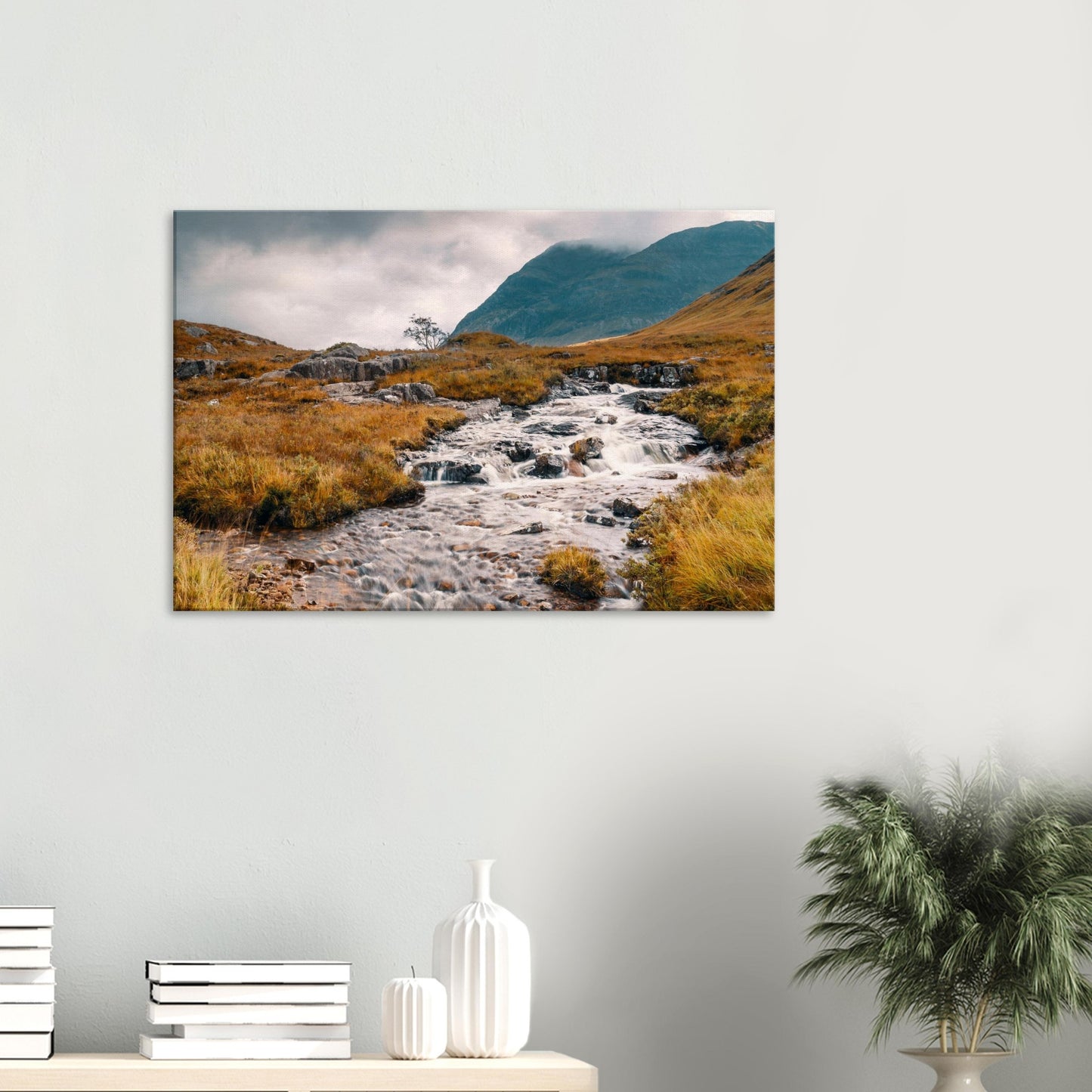 Rich moorland hues and tumbling water in Glencoe print