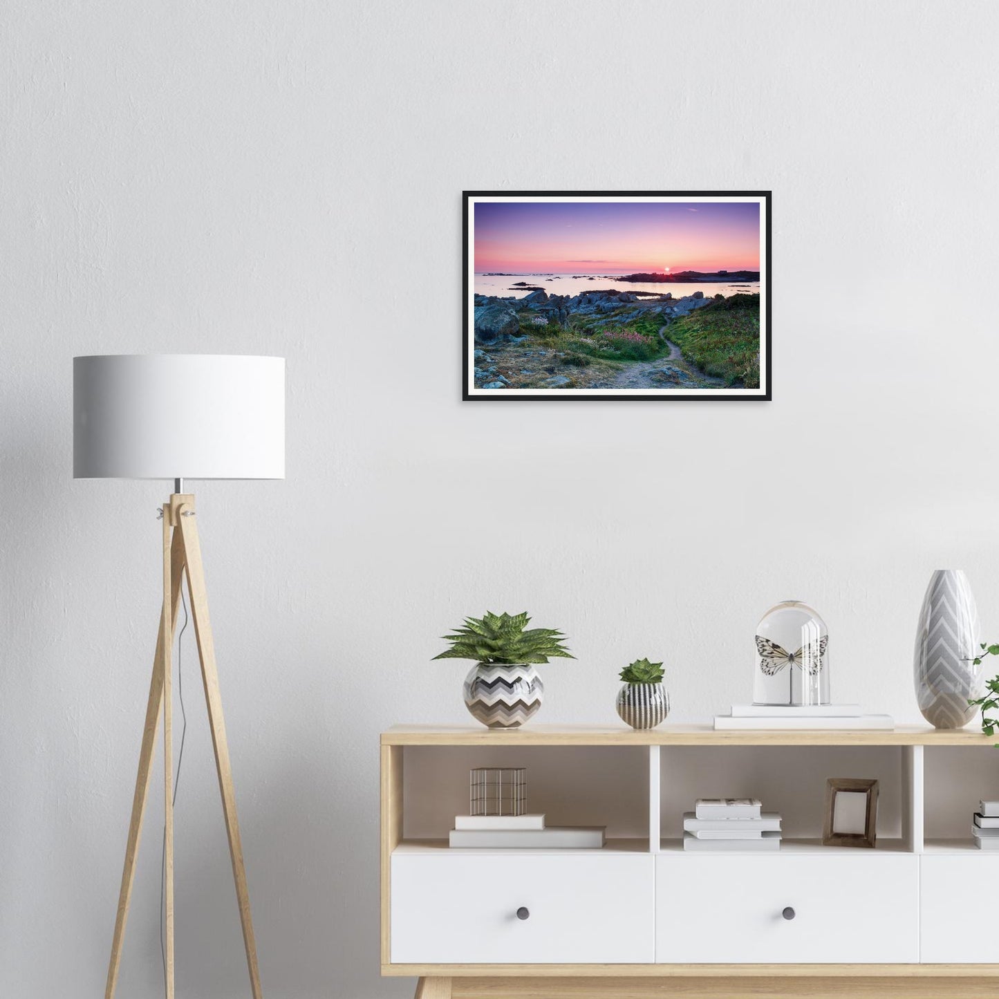 Wildflowers on Lihou Island with sunset sky framed print