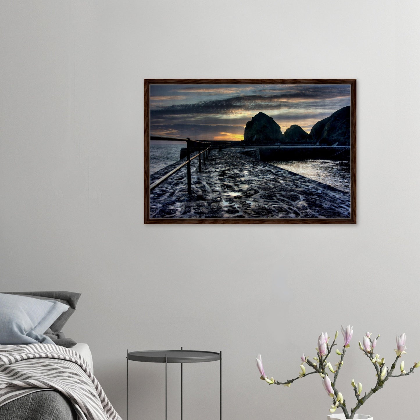 Reflections on the slipway in Mullion Cove framed canvas