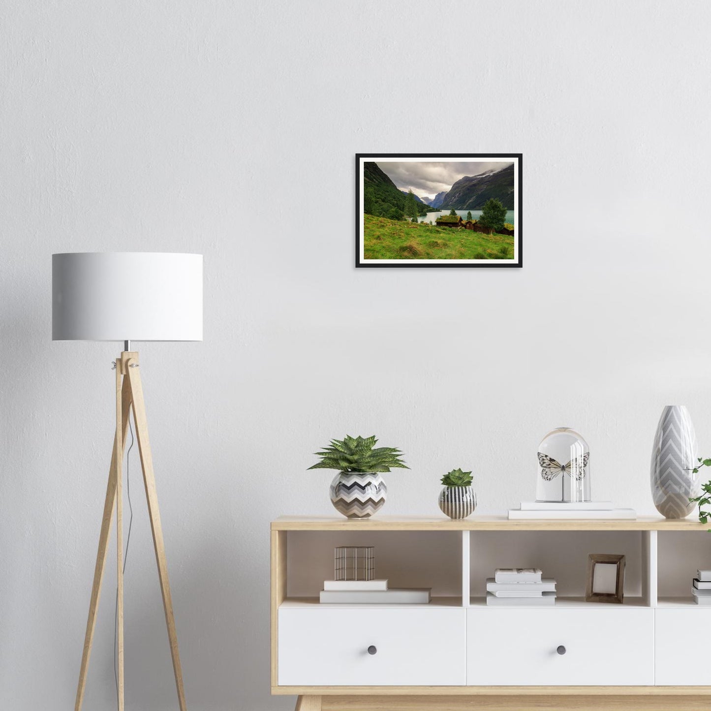 Traditional grass-roofed cabins in Lodalen Valley framed print