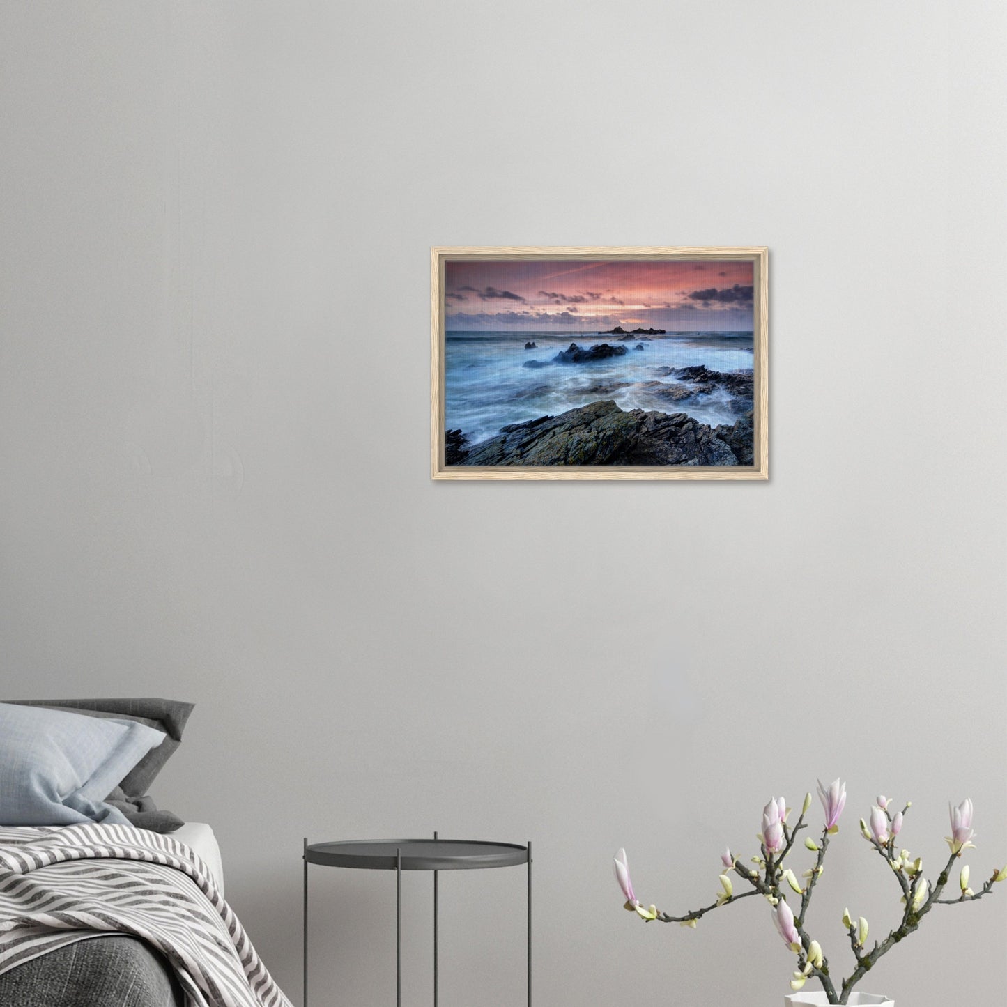 Swirling sea and jagged rocks at Heybrook Bay in framed canvas