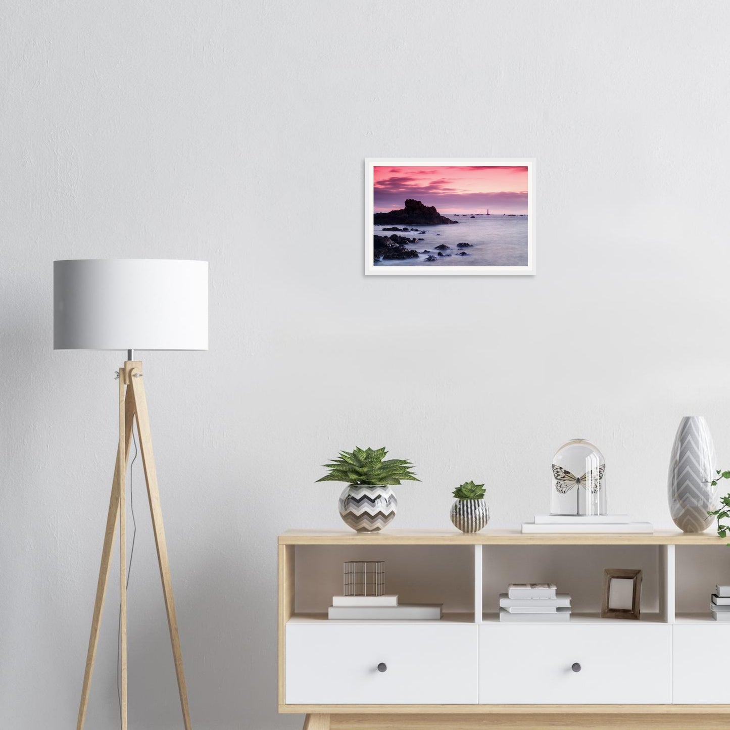Framed wall art of Guernsey’s Les Hanois Lighthouse at golden hour