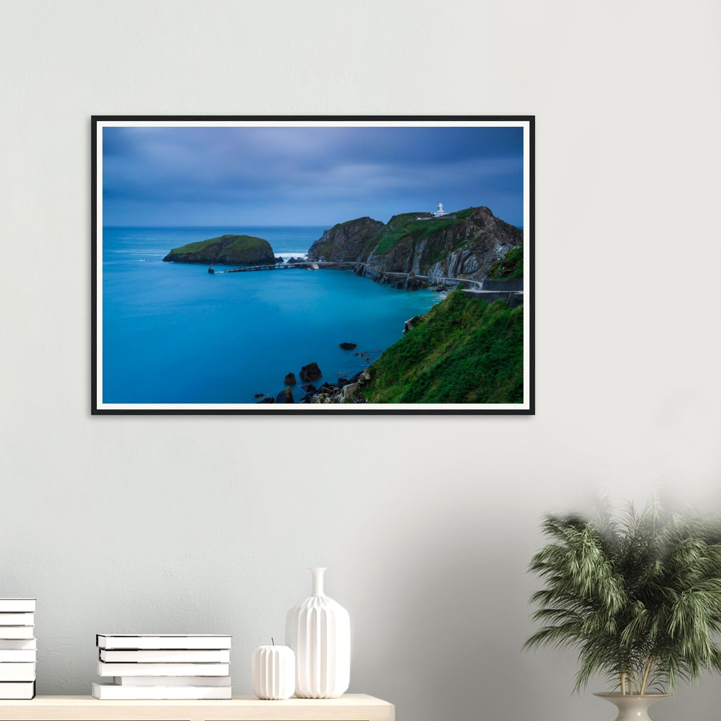 Evening seascape framed wall art of Landing Bay with lighthouse