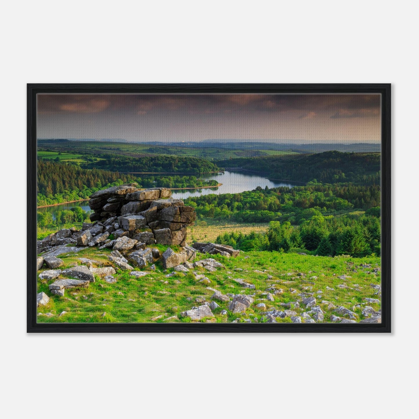 Rugged Dartmoor landscape with Leather Tor and lake in print