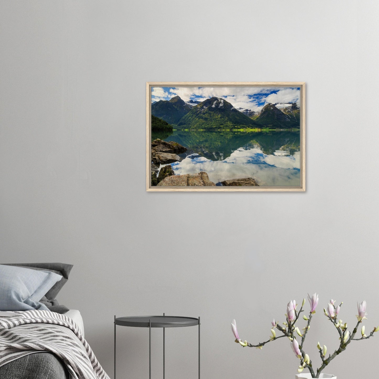 Reflected peaks and sky over still waters in Norway artwork