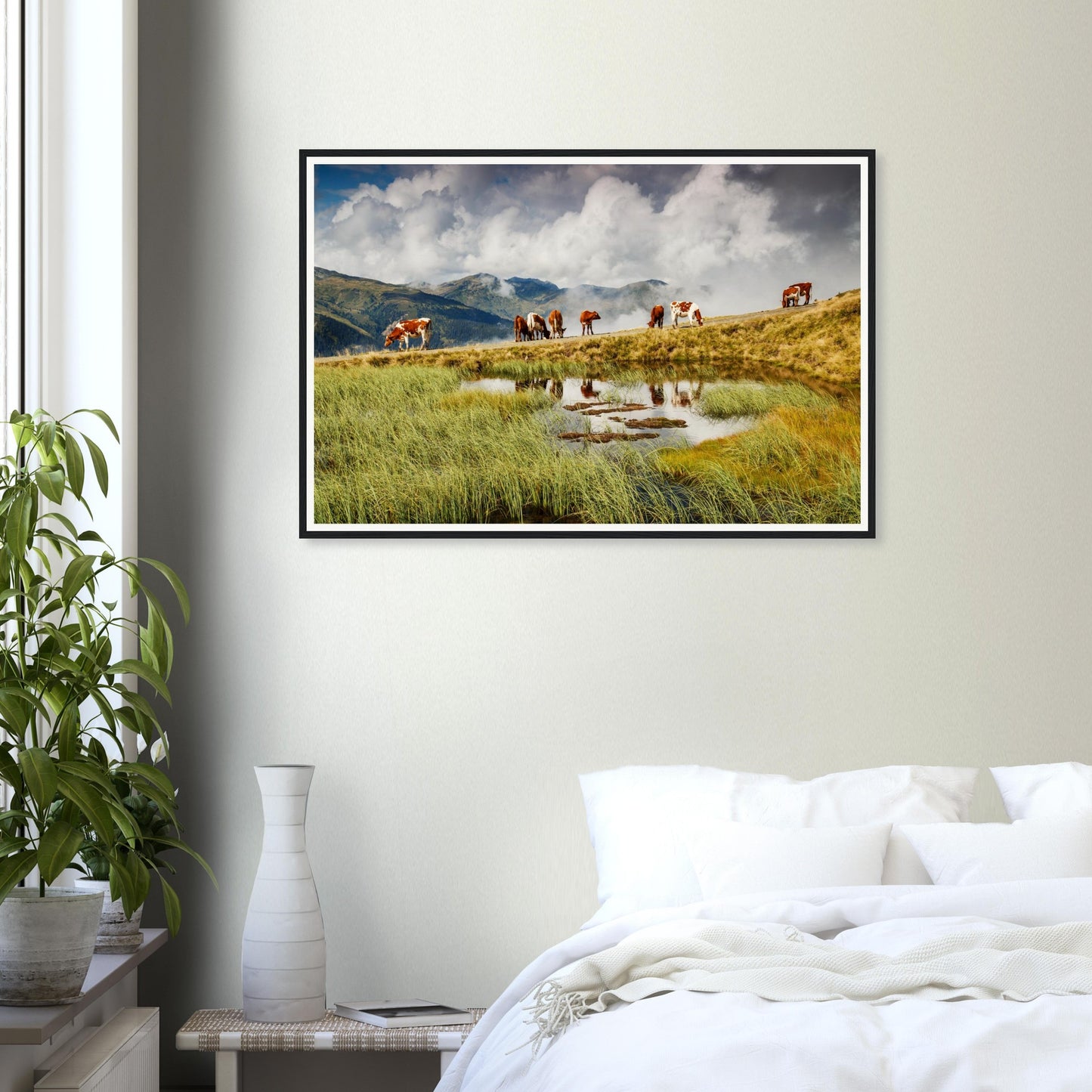 Austrian Alps framed wall art of cows, pond, and mountain backdrop