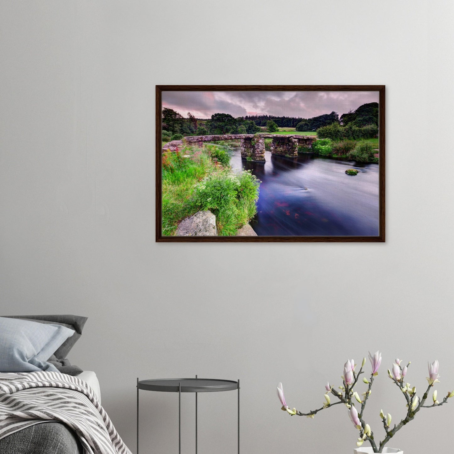 Dartmoor bridge and silky stream in long exposure framed canvas