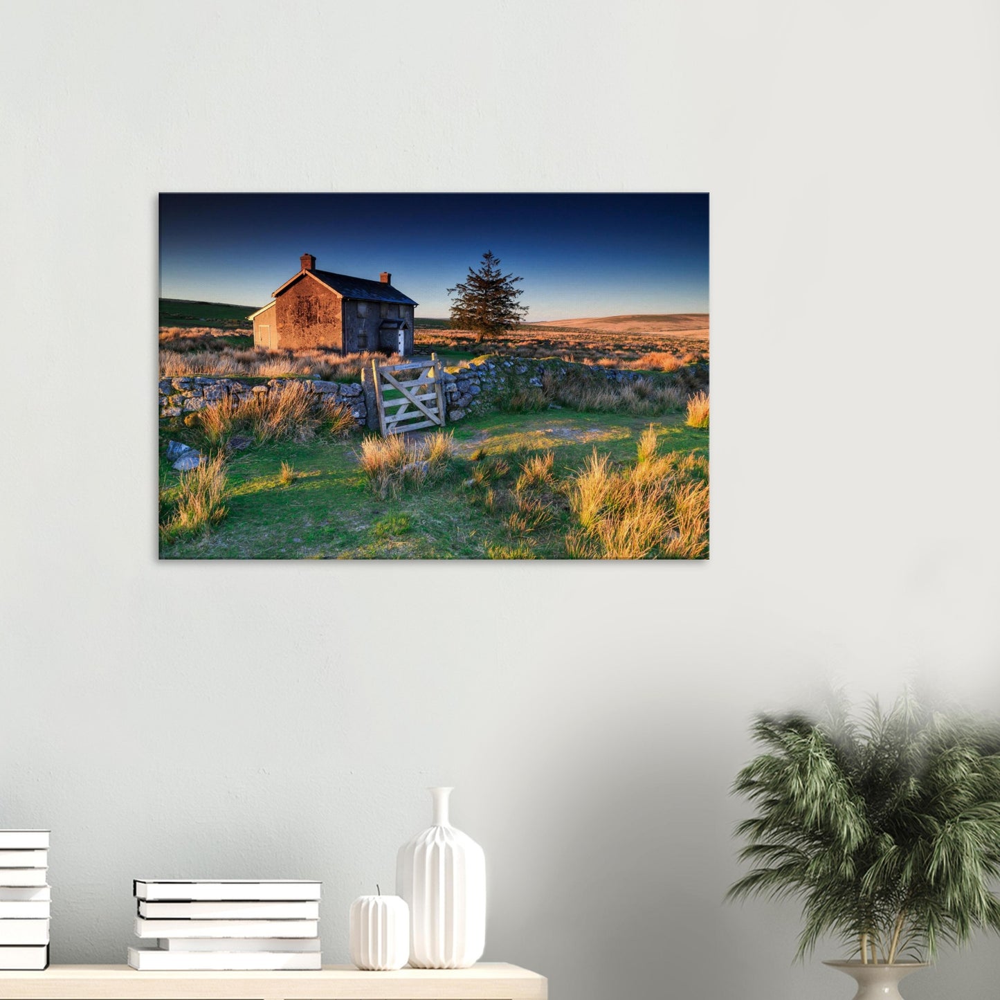 Early morning light on Dartmoor’s Nun’s Cross Farm, rustic canvas print.
