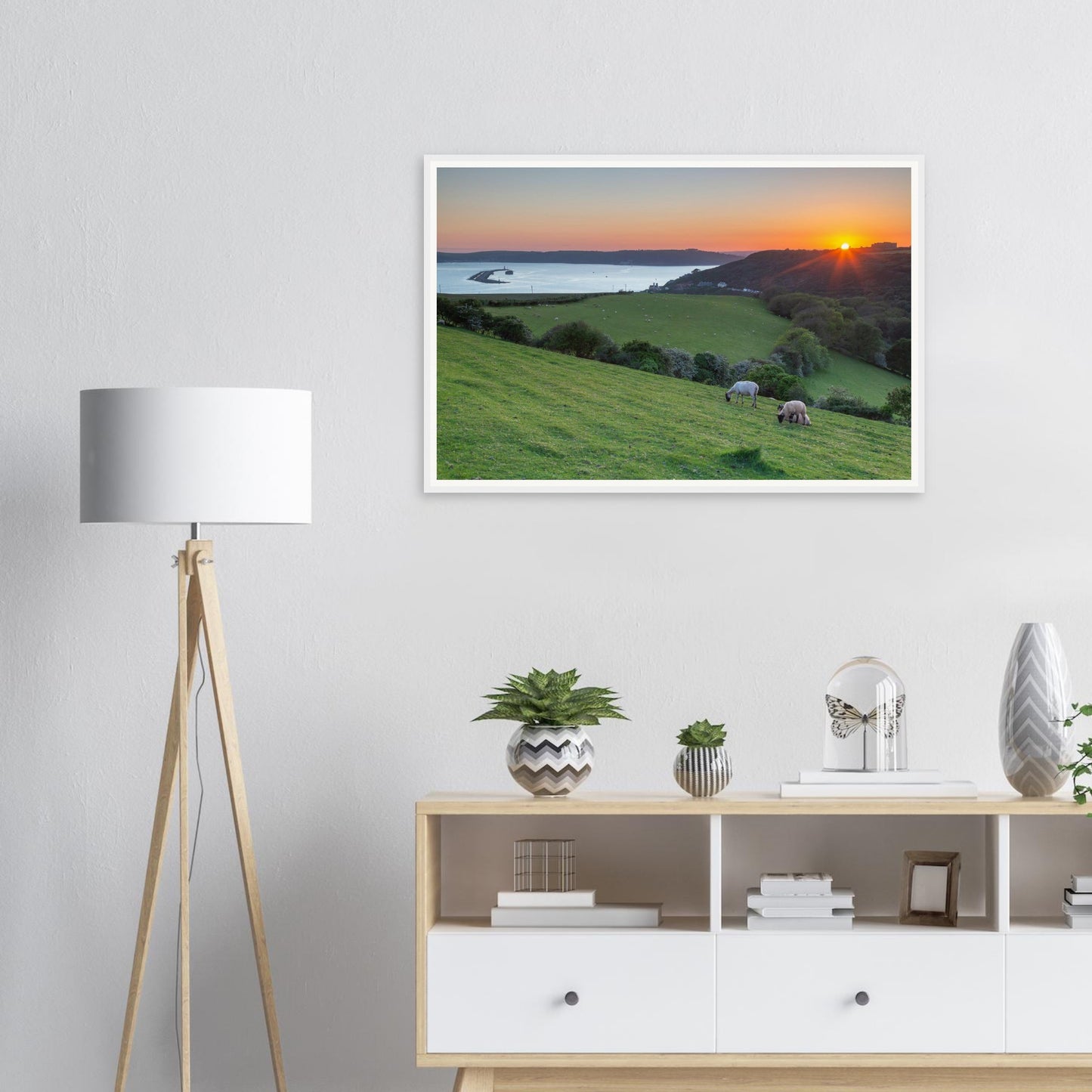 Radiant orange and red sunset sky over Plymouth Sound framed wall art