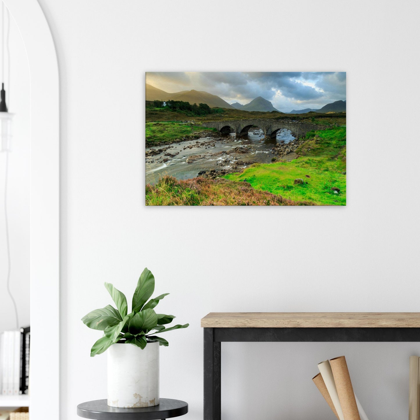 Ancient bridge on the Isle of Skye captured in canvas art, with flowing water and mountain backdrop.