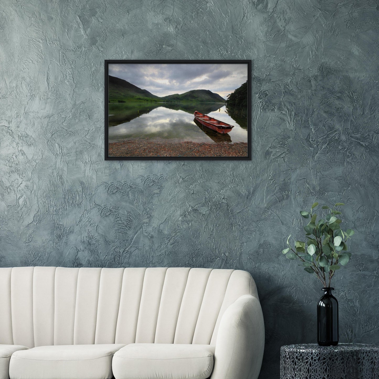 Reflective lake and boat scene in high-quality framed print