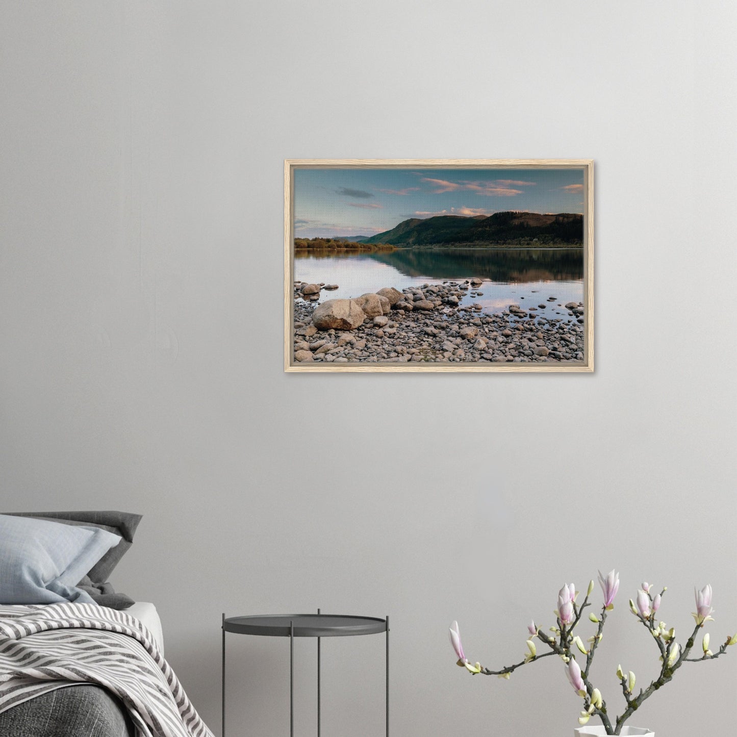 Bassenthwaite Lake reflections with wooded slopes and fells