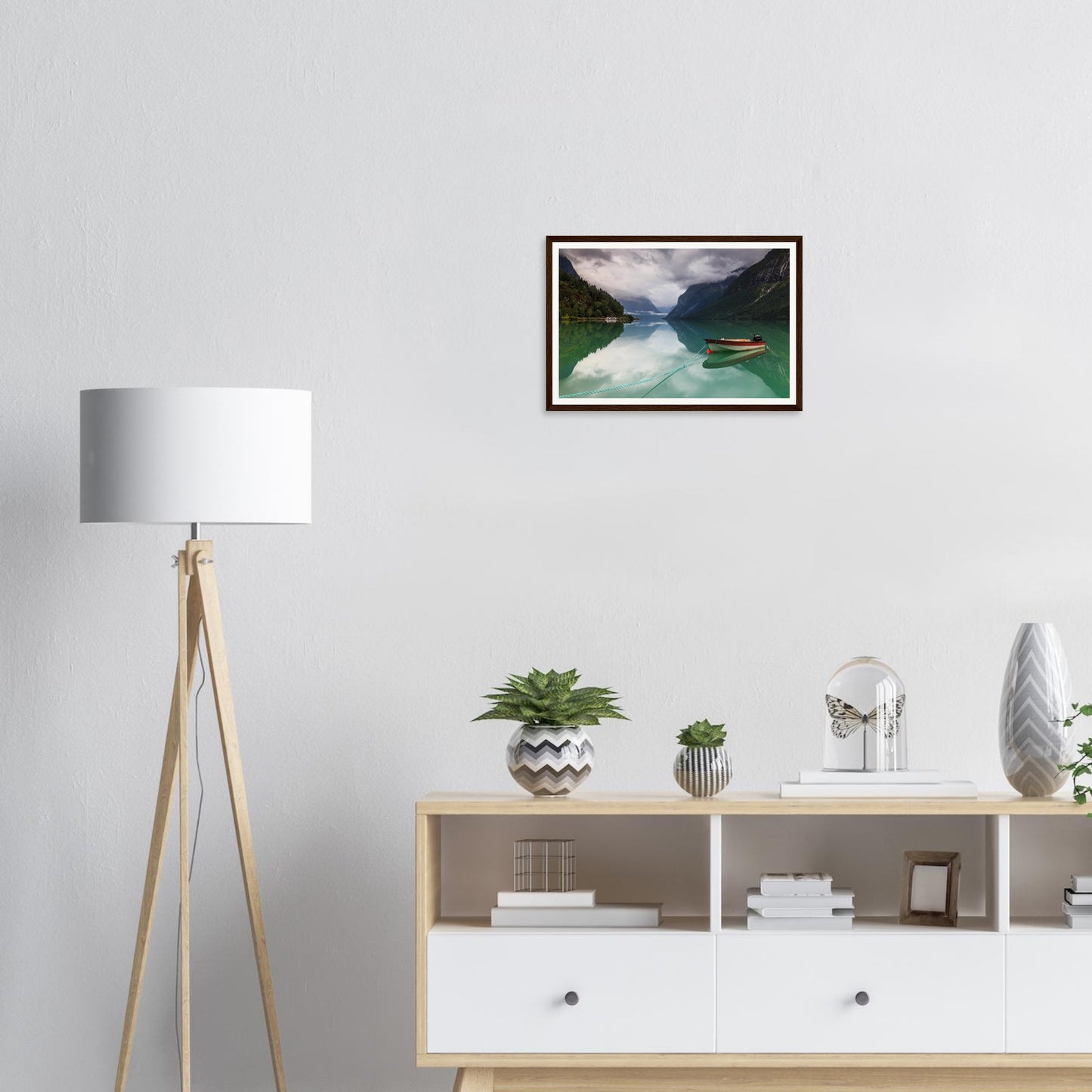 Lovatnet Lake framed wall art with towering mountains and mist