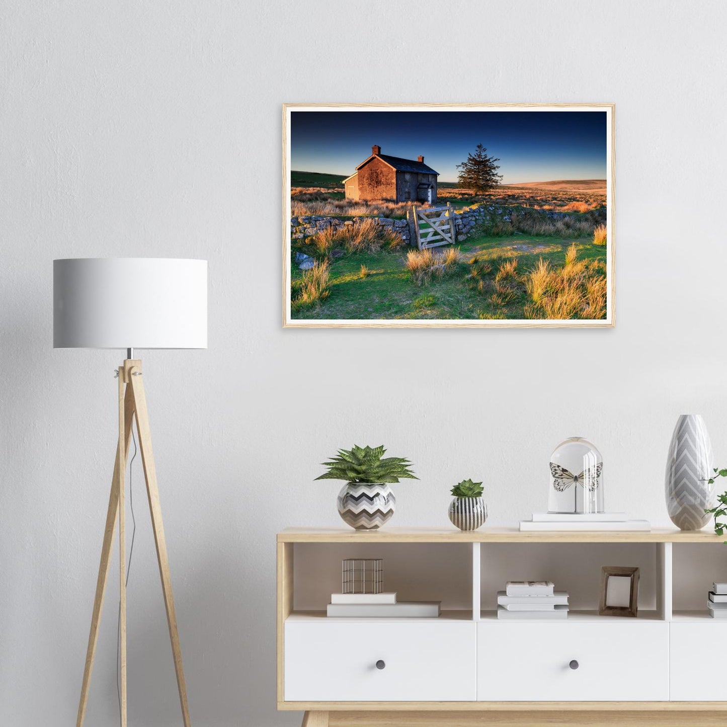 Long shadows across Dartmoor landscape at sunrise framed wall art
