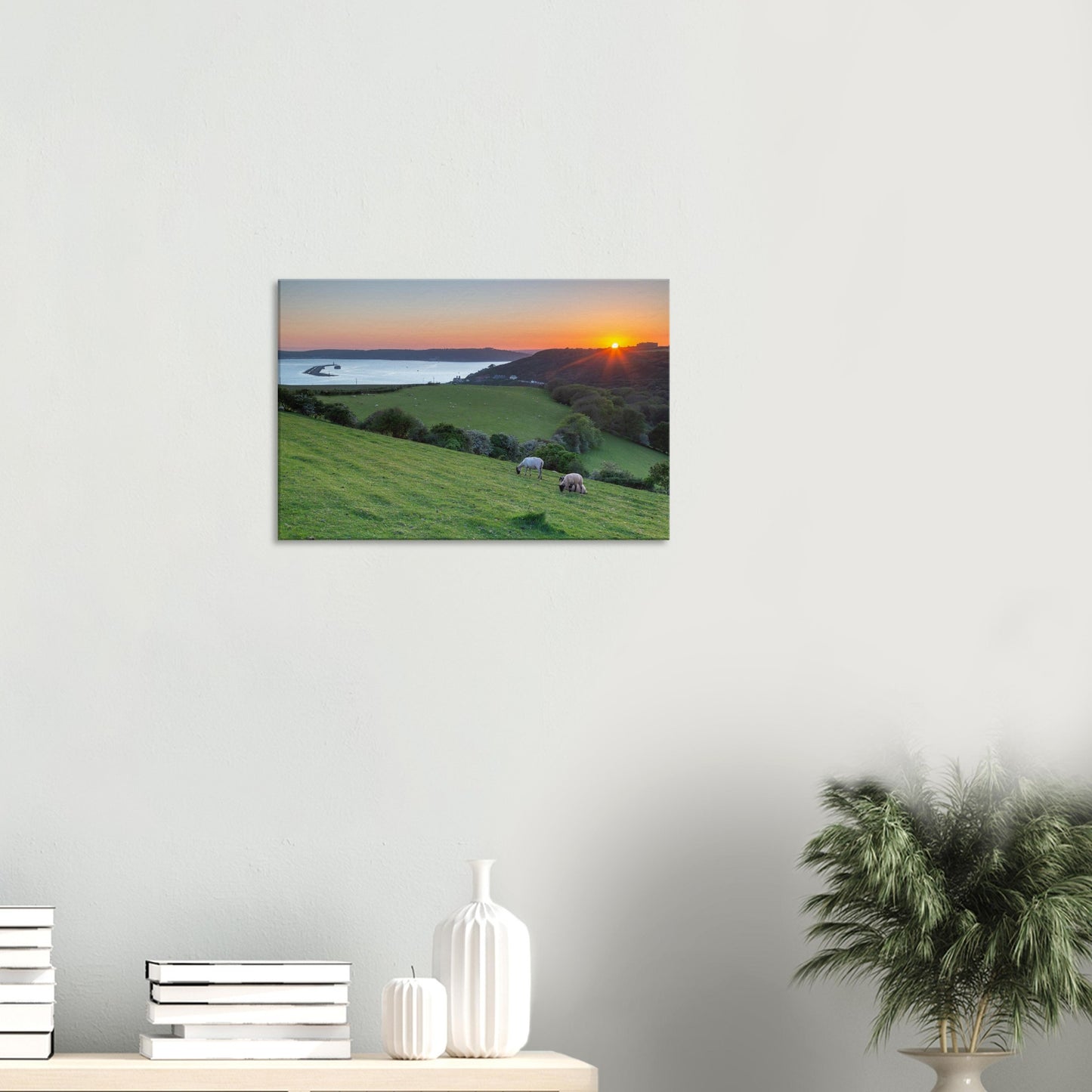 Warm red and orange sunset over Devon coast on canvas