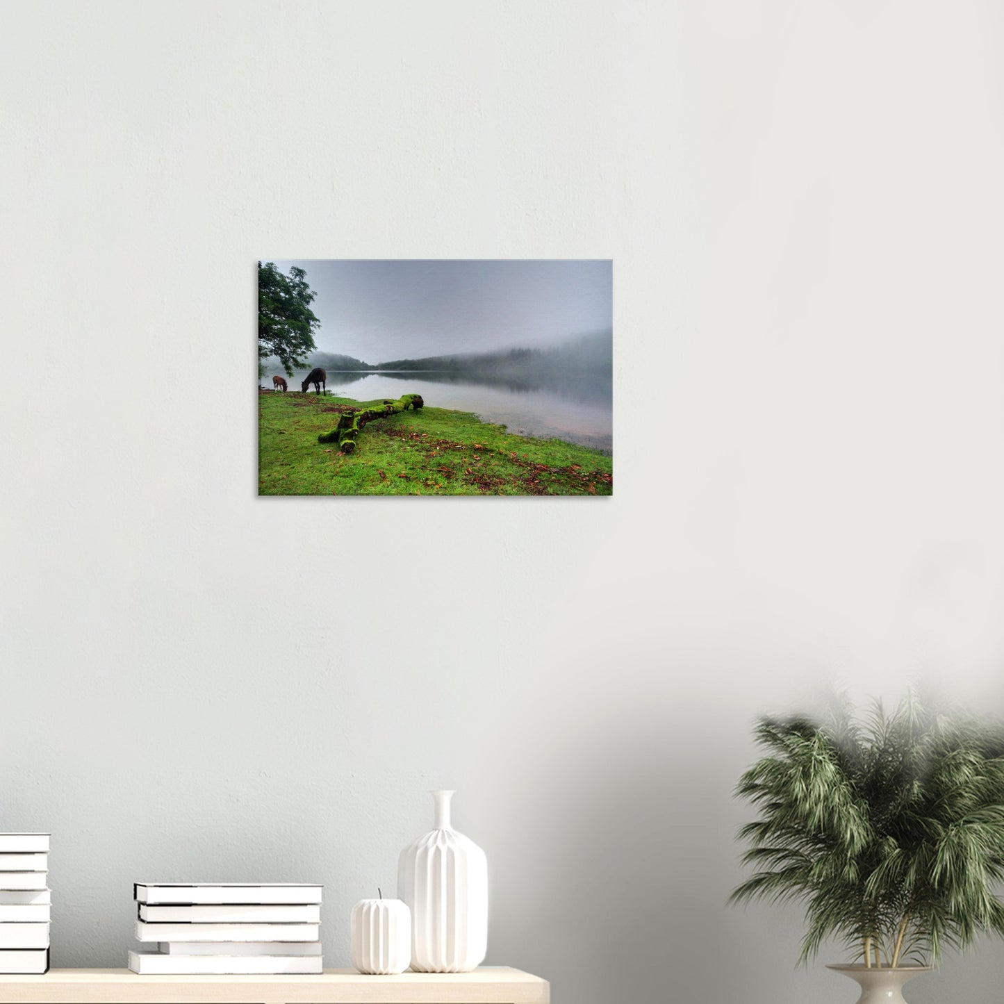 Atmospheric Dartmoor landscape with reservoir and morning mist