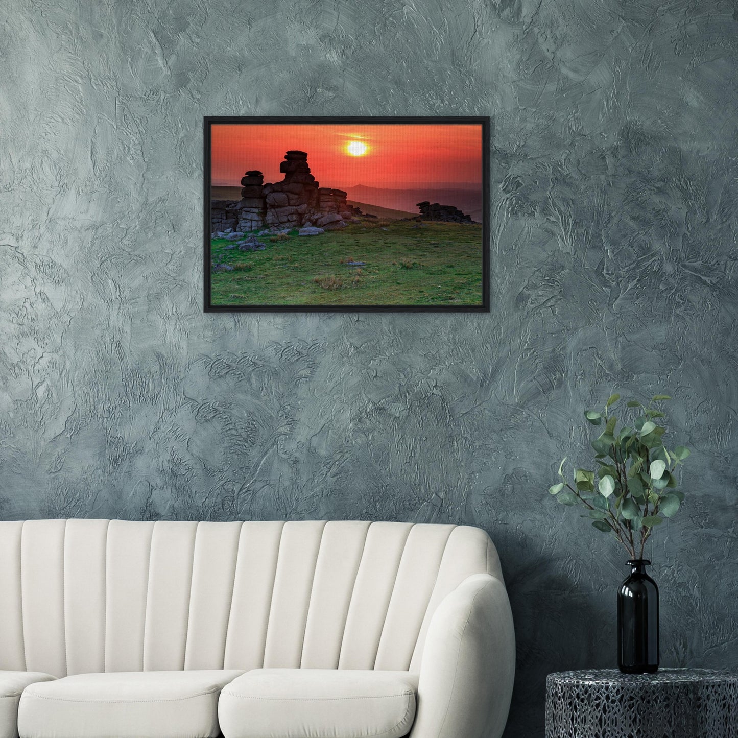 Devon moorland canvas with sunset-lit granite formations
