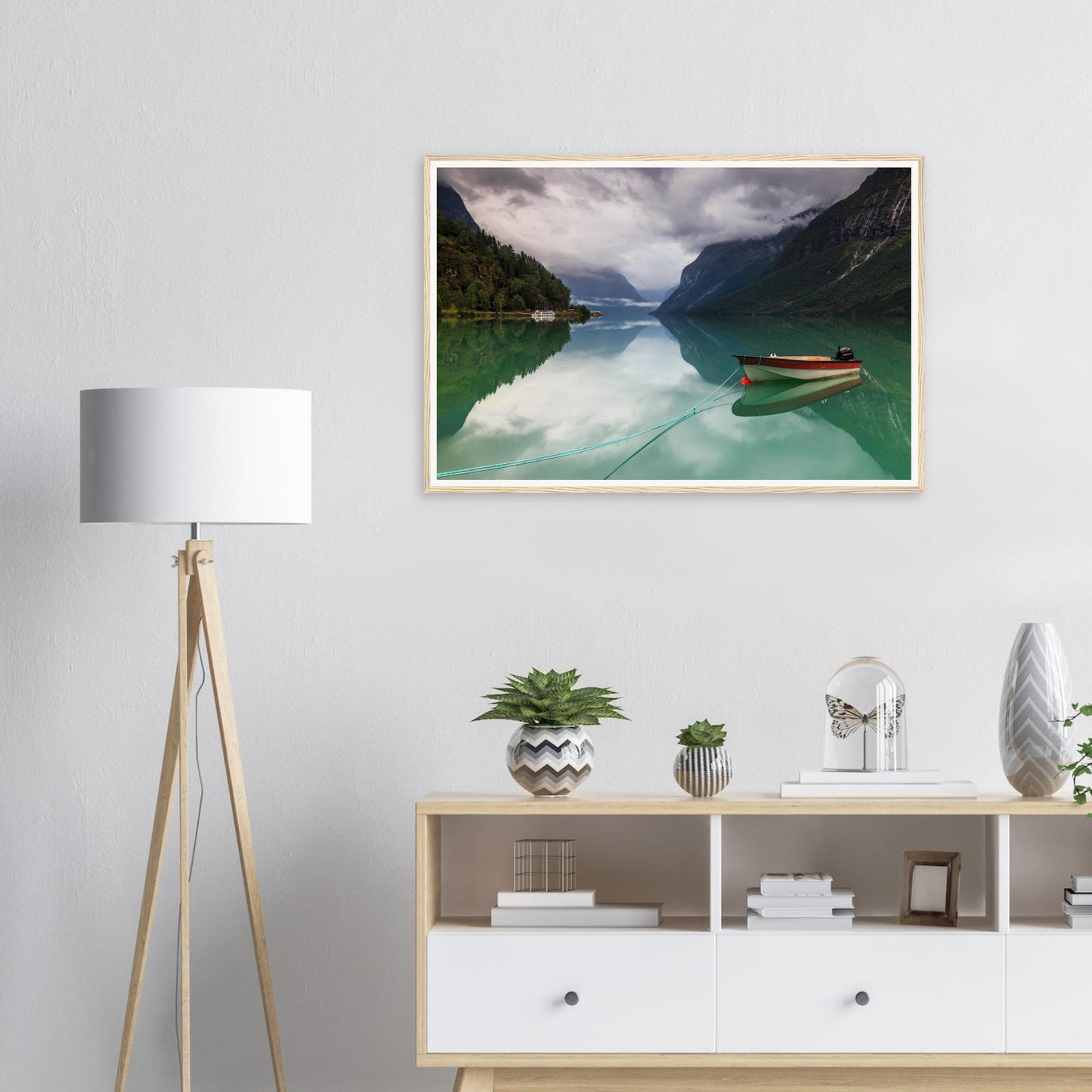 Scenic Norwegian lake framed print of Lovatnet with reflections