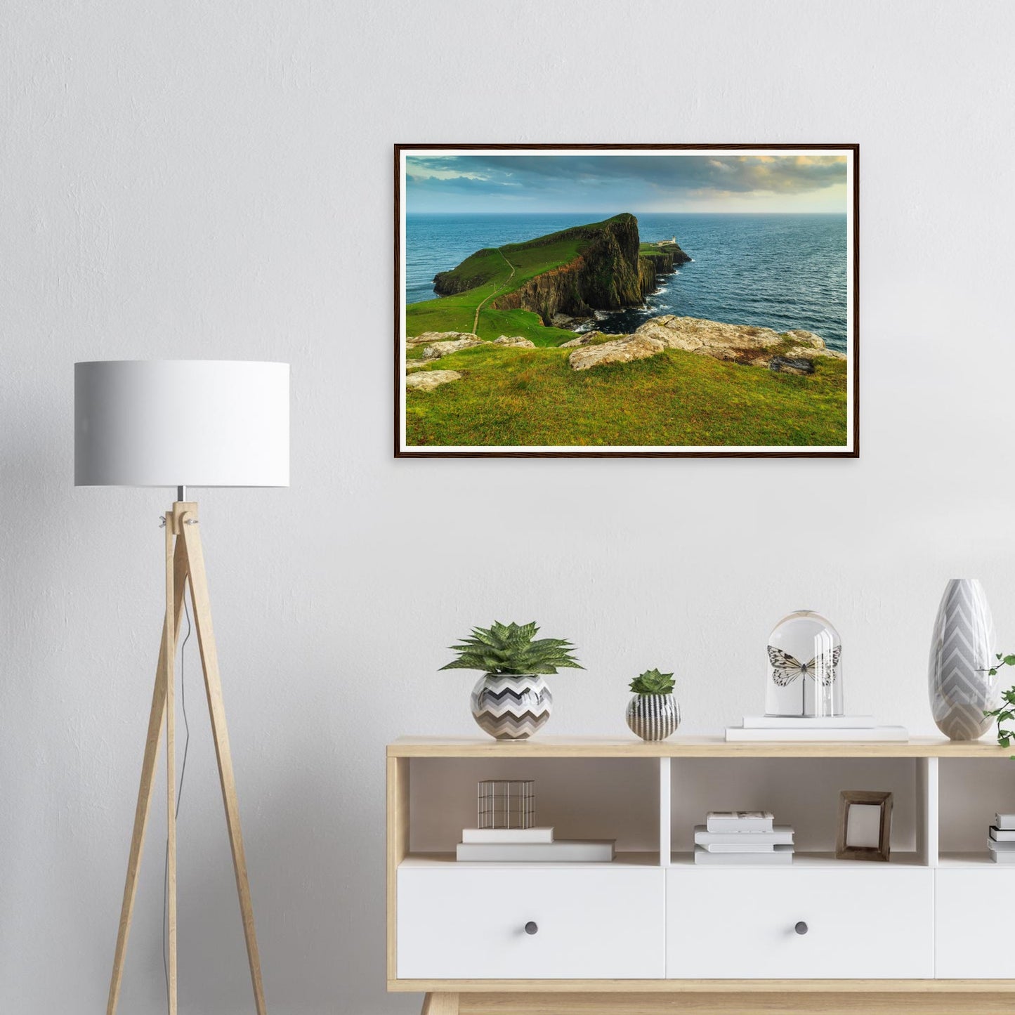 Green hills and rocky cliffs at Neist Point framed wall art