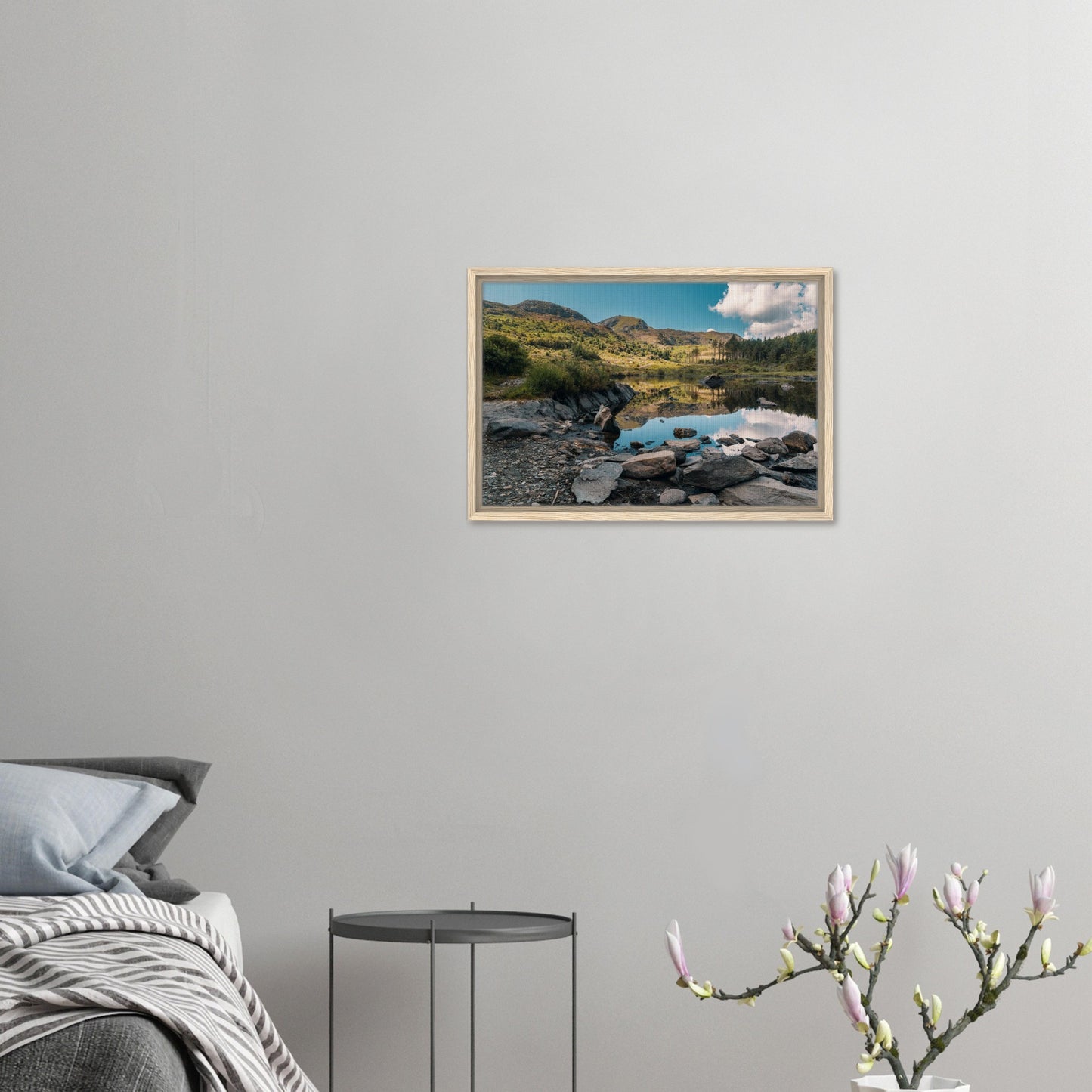 Welsh lake framed canvas with calm waters