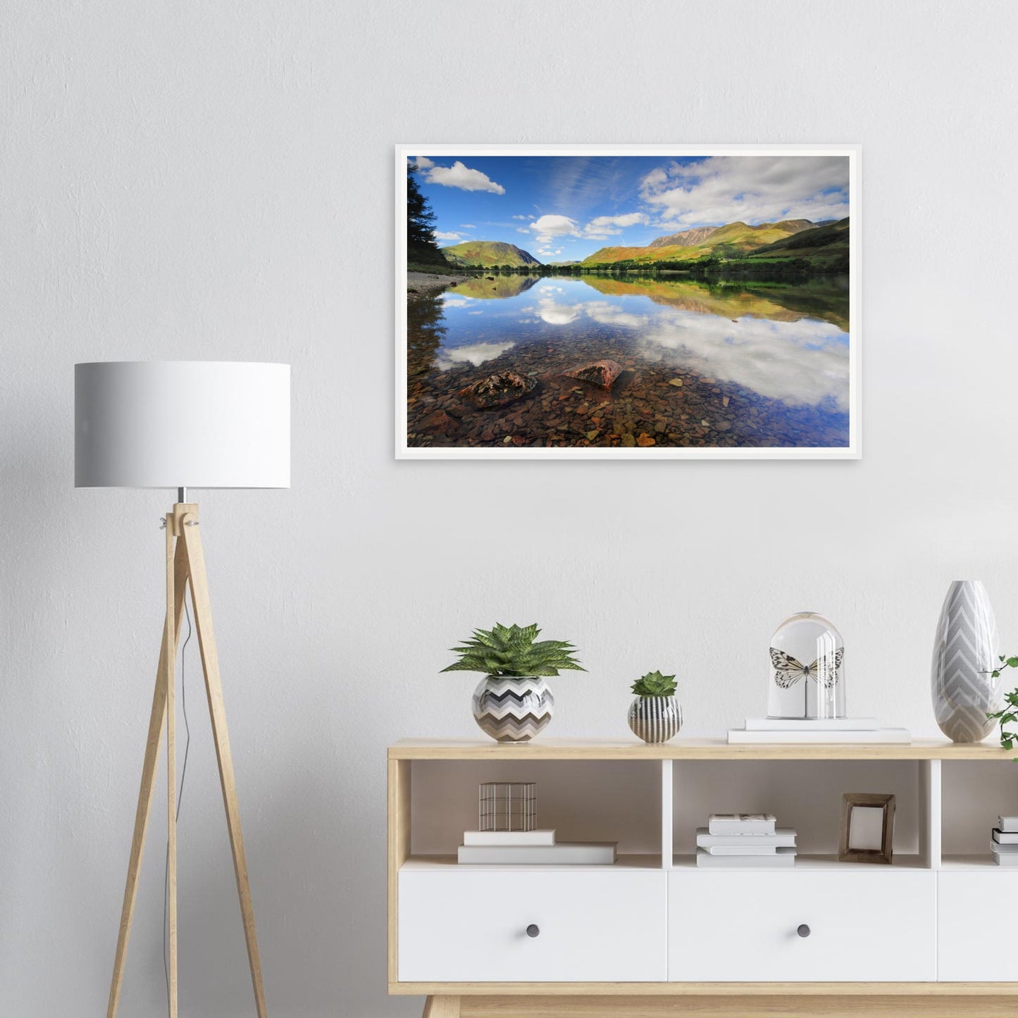 Pebbled foreground at Buttermere Lake framed landscape art