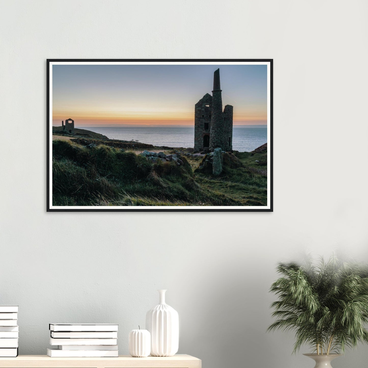 Poignant framed print of Wheal Owles engine house at golden hour