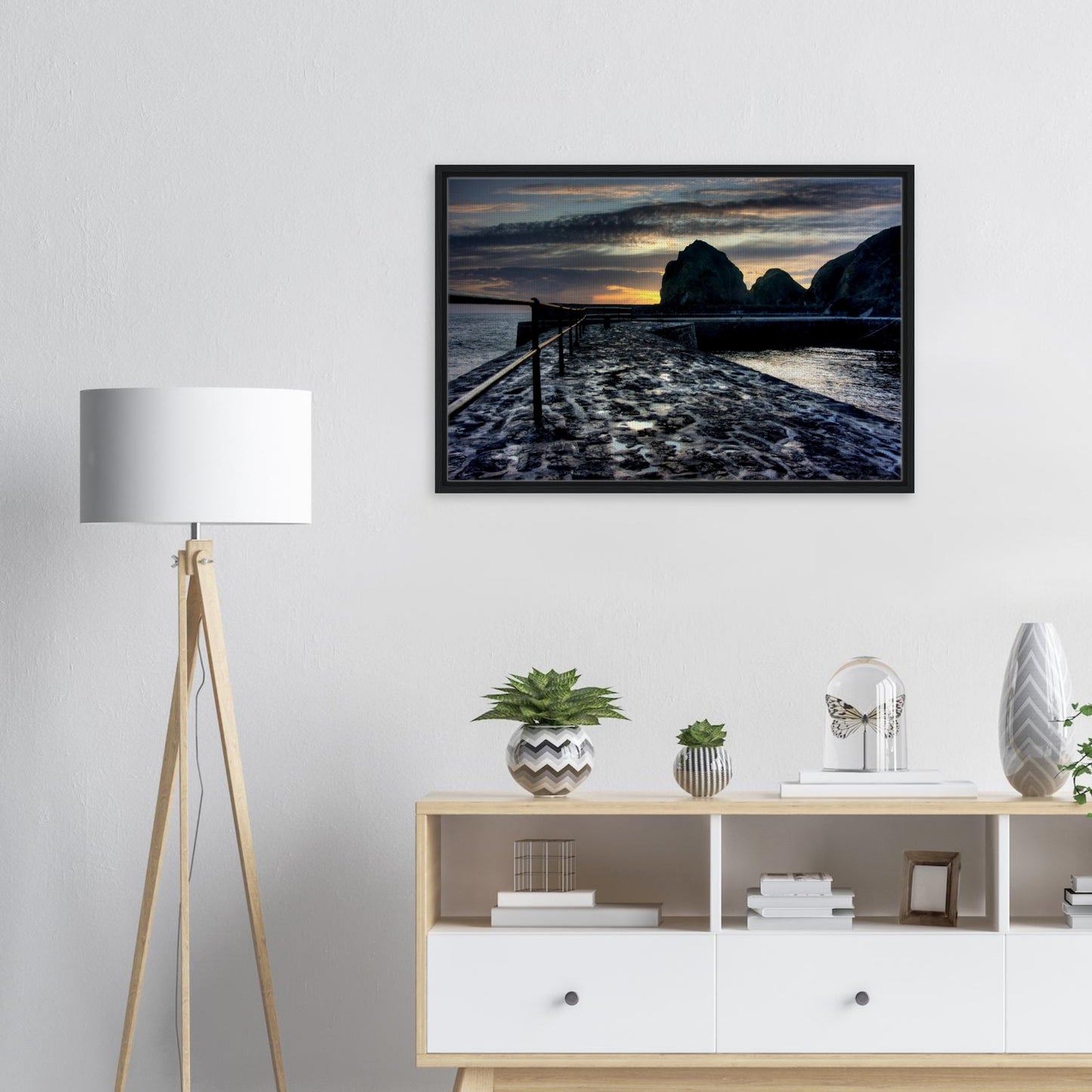 Coastal Cornish landscape with slipway and soft dusk glow