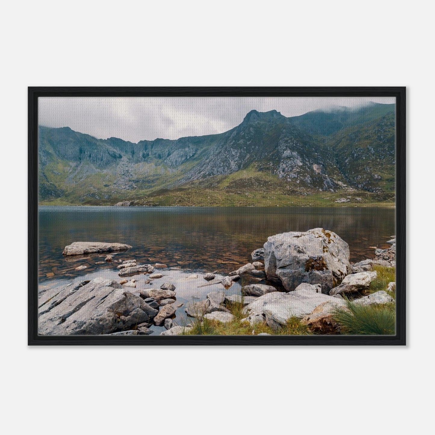 Snowdonia lake scene with rocky shoreline artwork