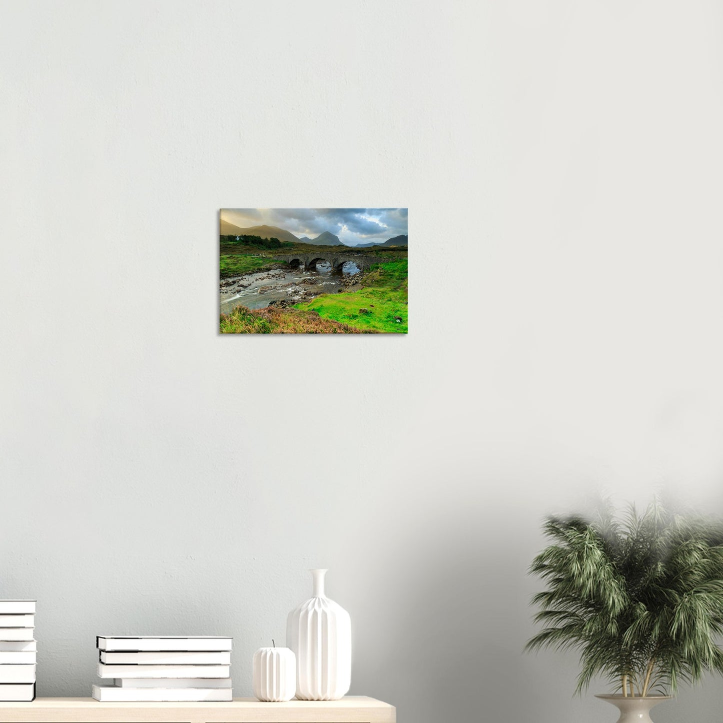Timeless canvas print of Sligachan Old Bridge surrounded by rugged moorland and the Cuillins in the distance.