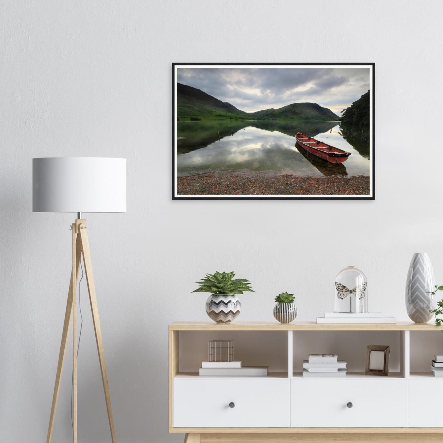 Framed print of Crummock Water in the Lake District with red boat