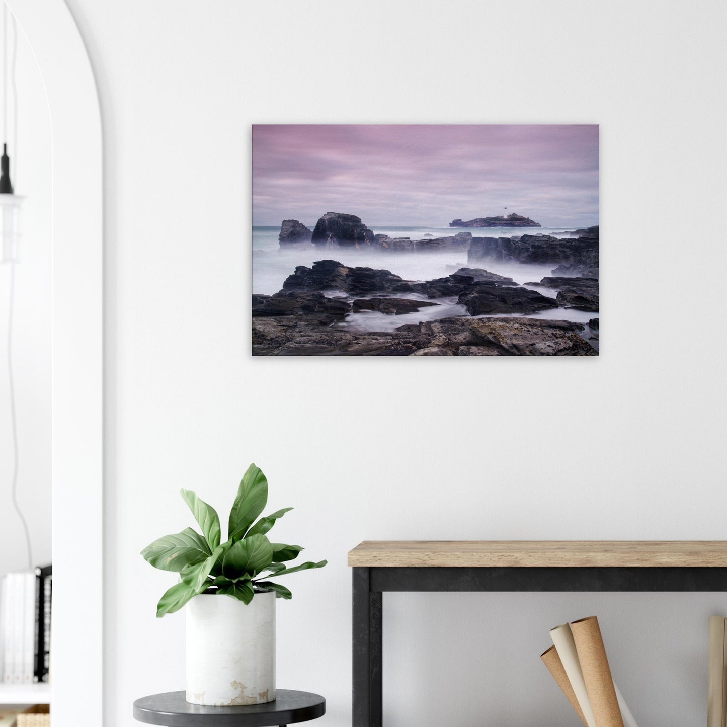 Canvas of Cornwall’s Godrevy coast with a lighthouse on a distant island, surrounded by blurred ocean and calming skies.