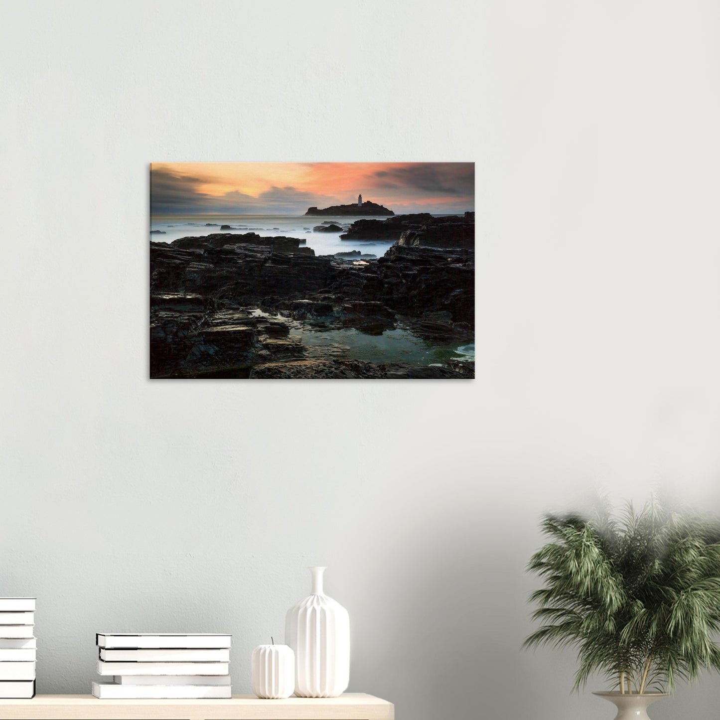 Cornwall sunset canvas featuring iconic Godrevy Lighthouse and glowing Atlantic shoreline.