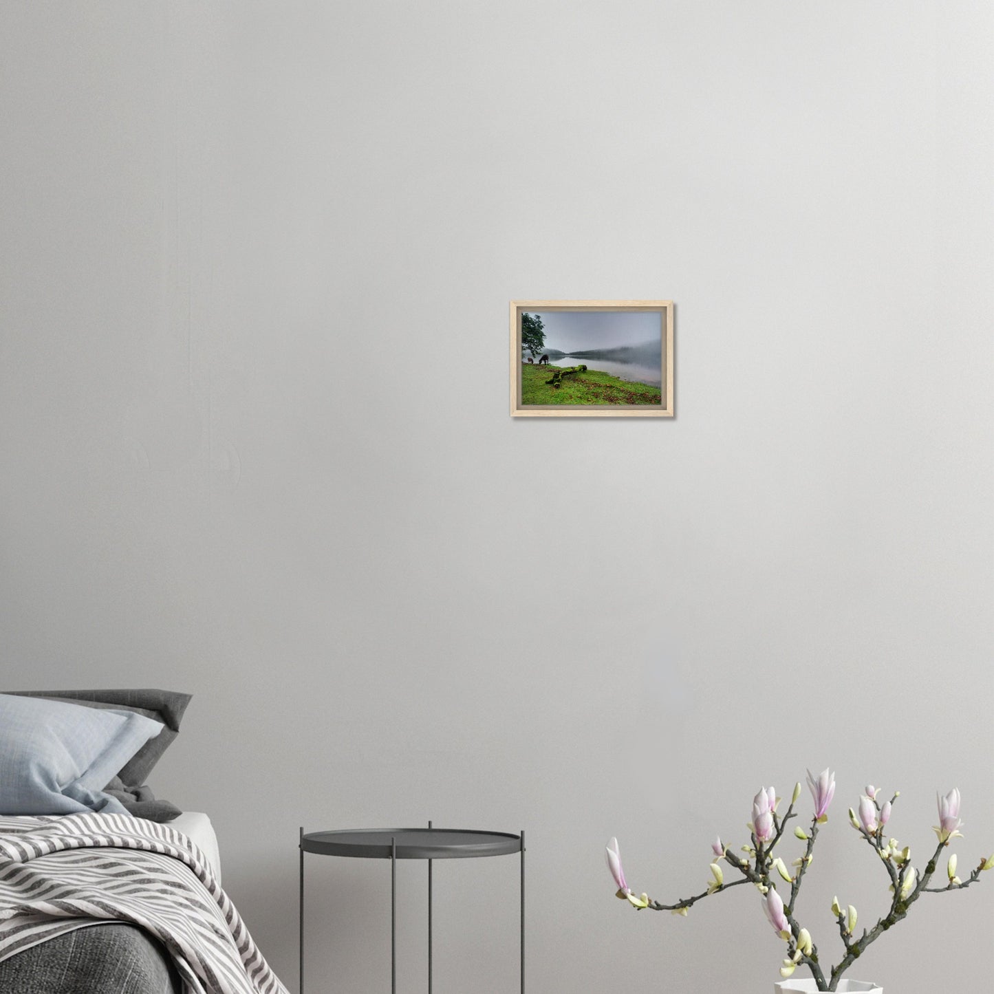 Framed canvas of serene Dartmoor morning by the reservoir