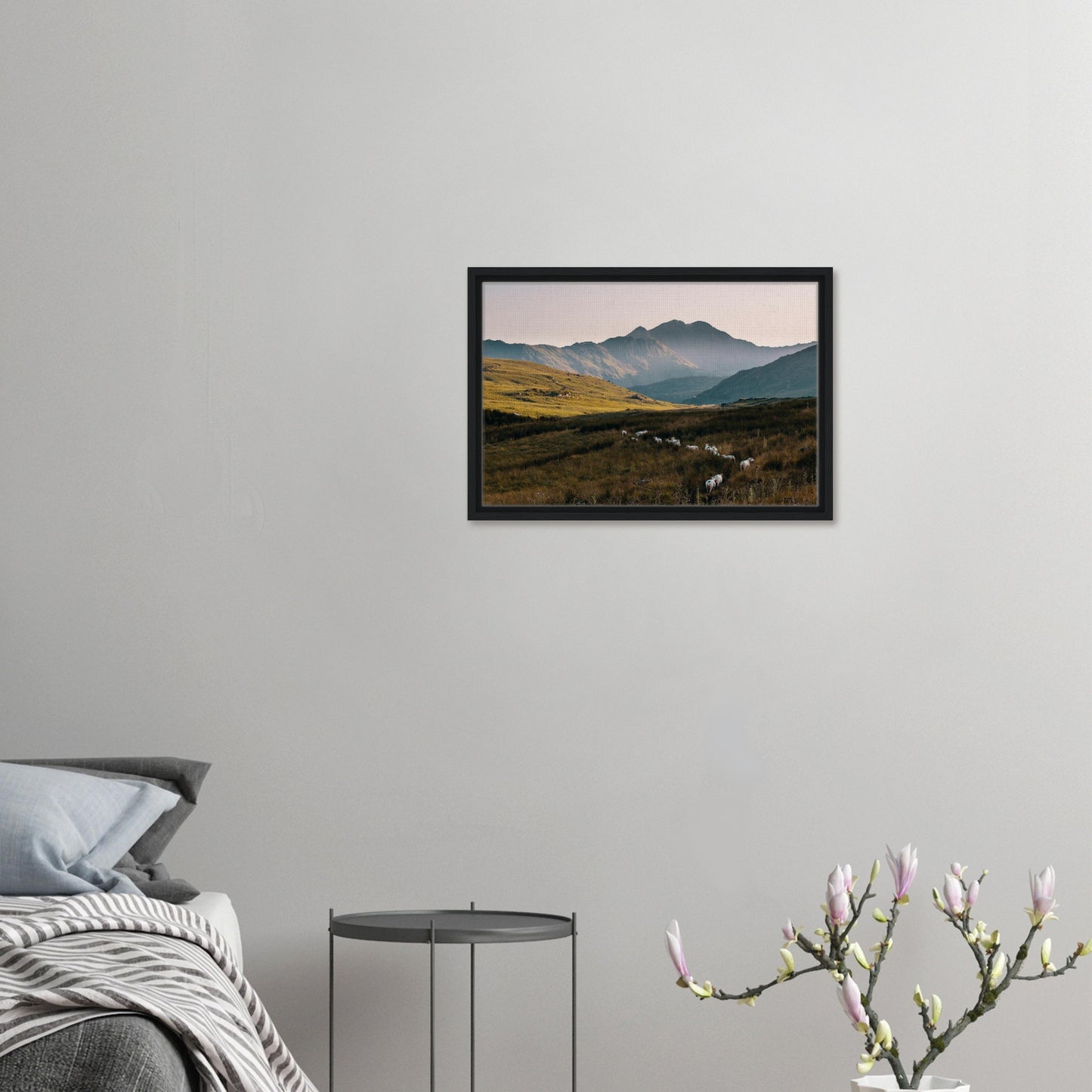 Tranquil evening in Wales with sheep and mountains