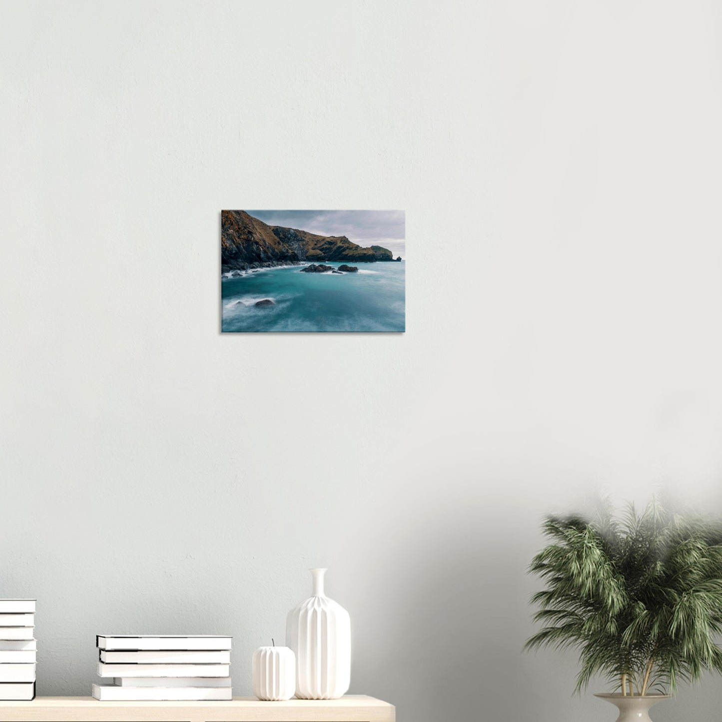 Cornwall coastal canvas art with moody skies over Mullion Cove