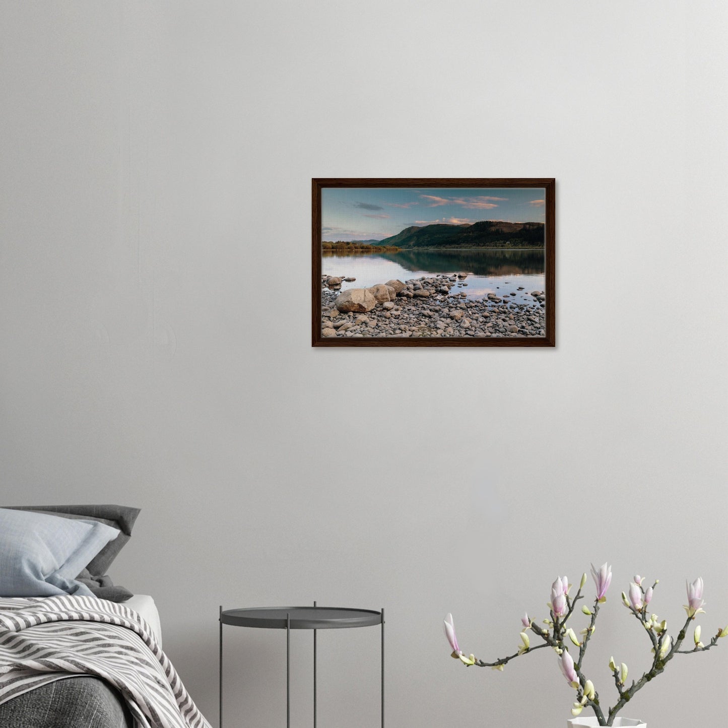 Reflective lake view of Cumbria fells in framed canvas