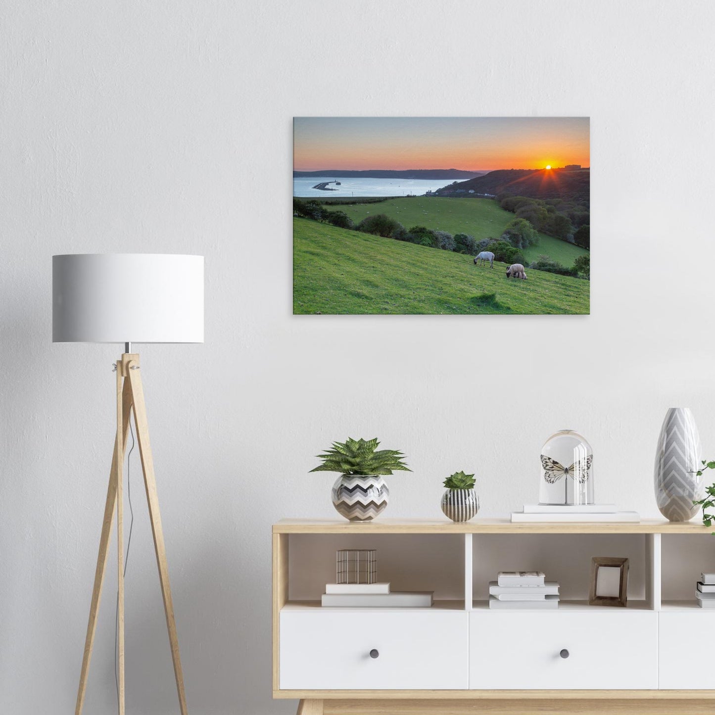 Sunset landscape canvas art of Plymouth Sound and hillside scene