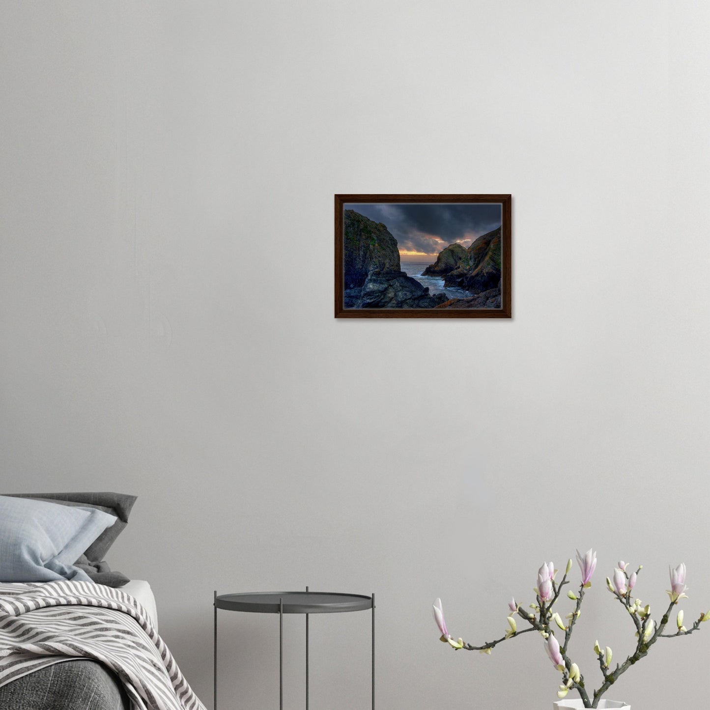 Mullion Cove framed canvas with soft sunset and sea view