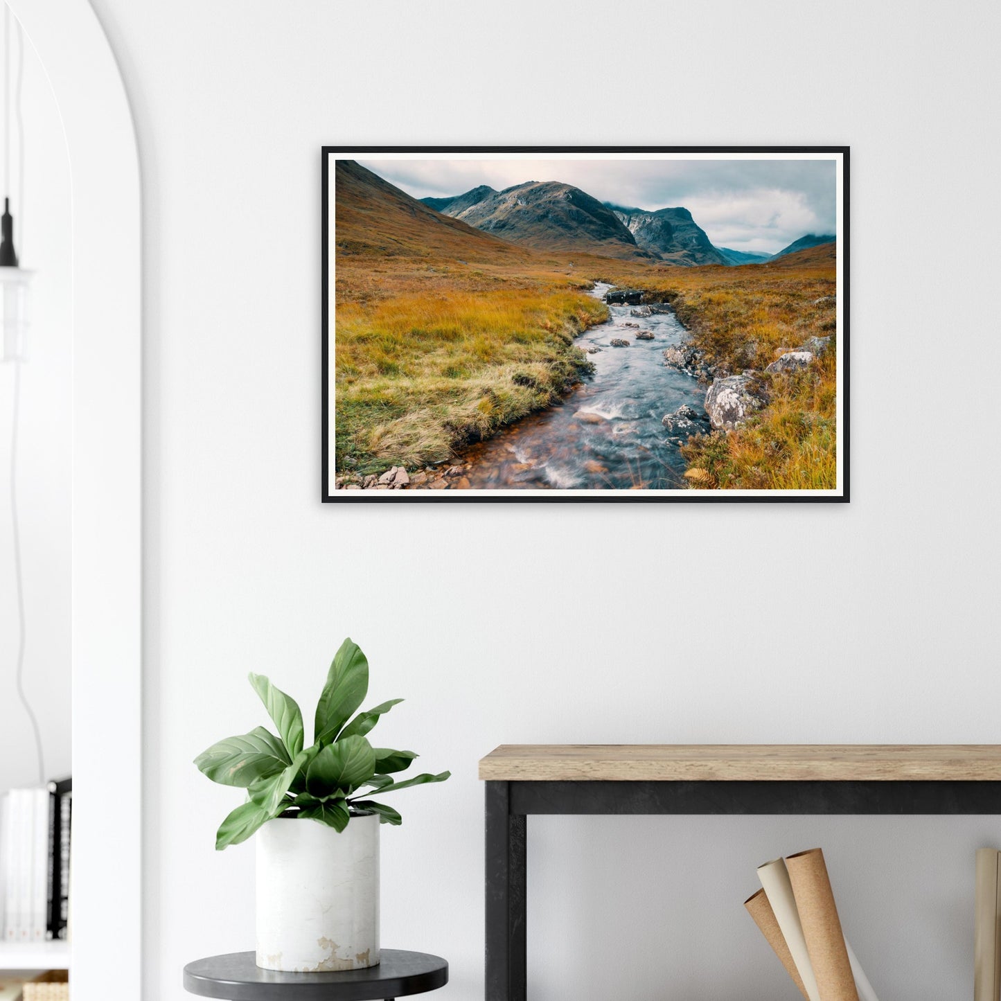 Stream meandering through Glencoe framed landscape print