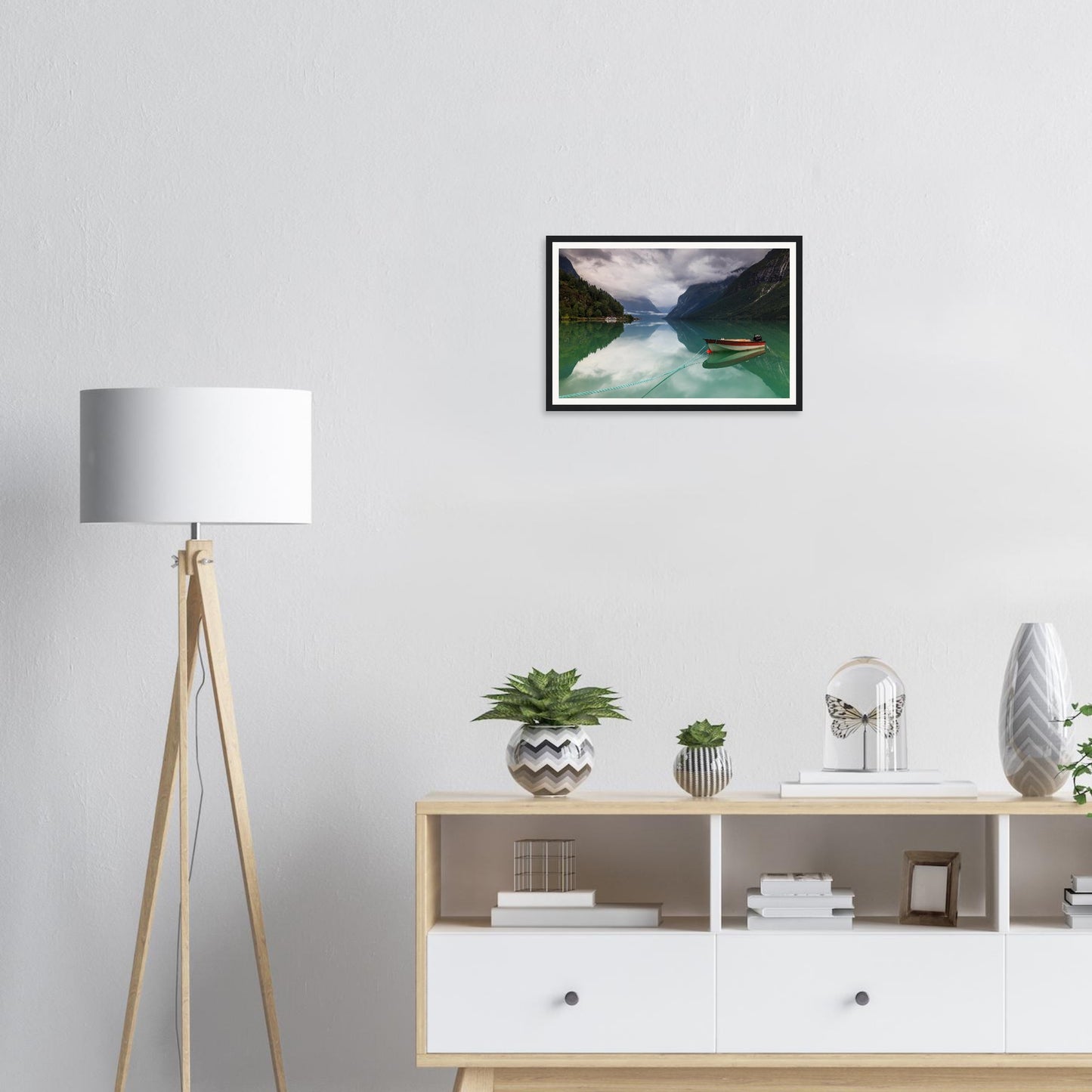 Scenic framed print of Lovatnet Lake with calm waters