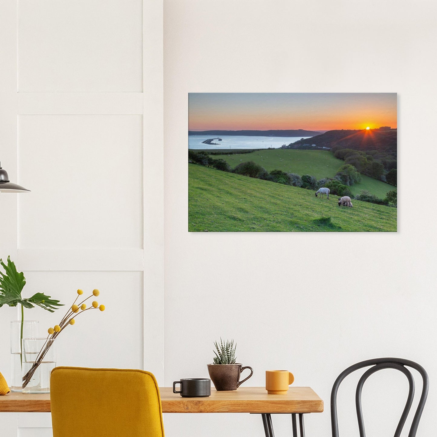 Devon shoreline sunset with sheep and sea view on canvas