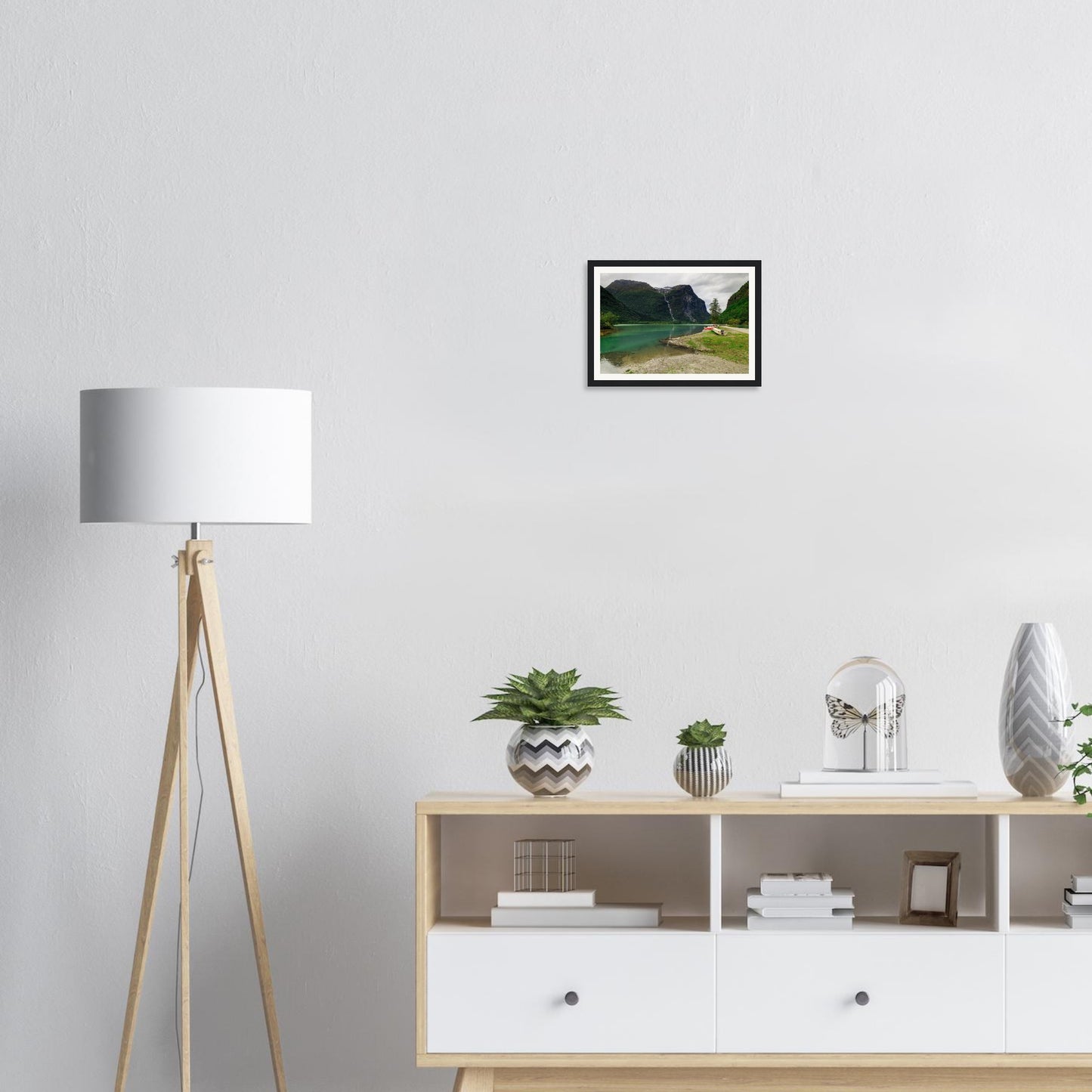 Vibrant greenery and waterfall in Norway framed wall art