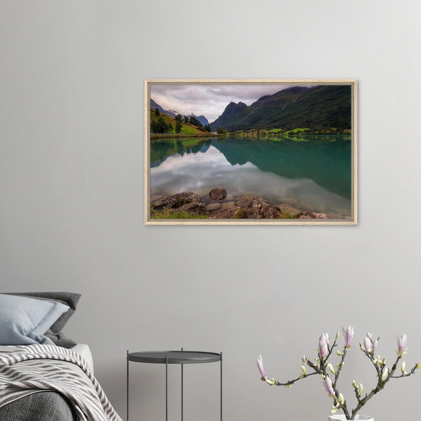 Norwegian valley with lake and mountains in landscape canvas