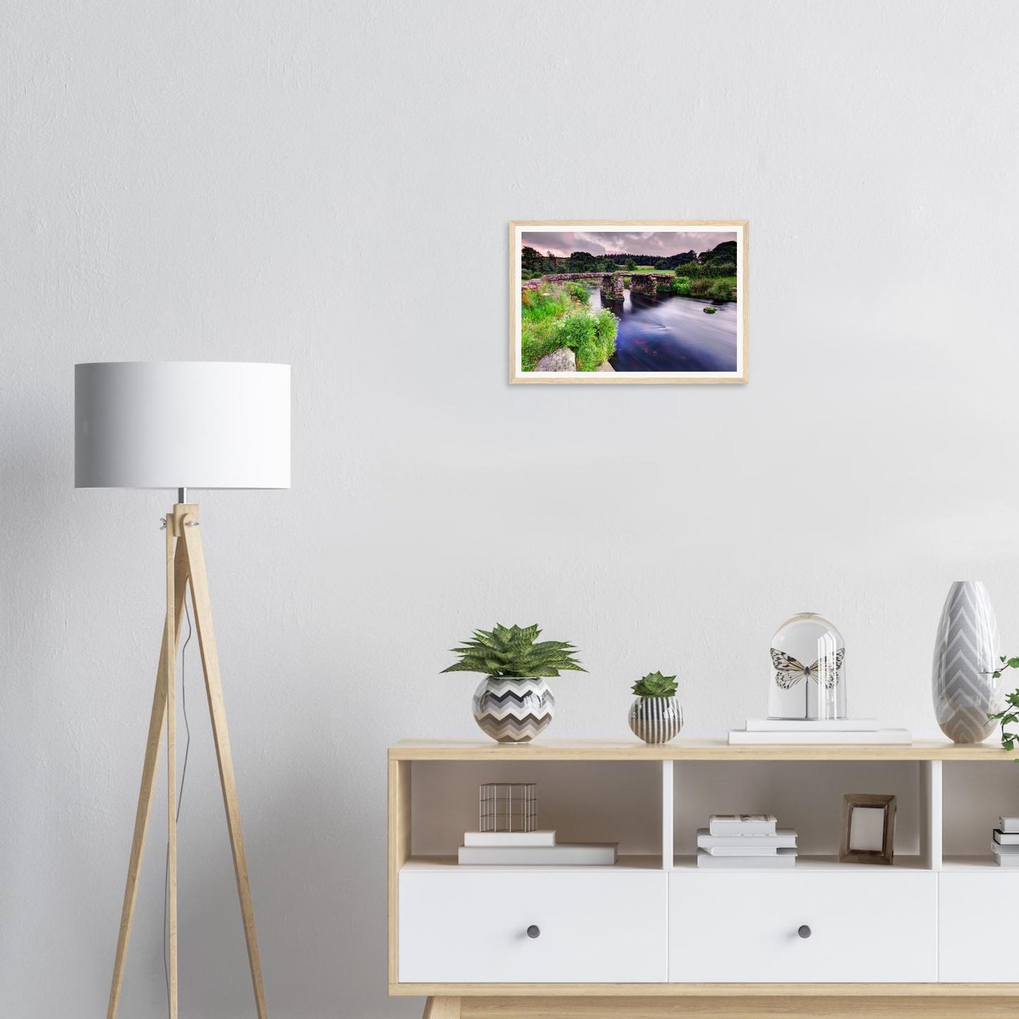 Framed wall art of Devon’s Postbridge clapper bridge at riverbank