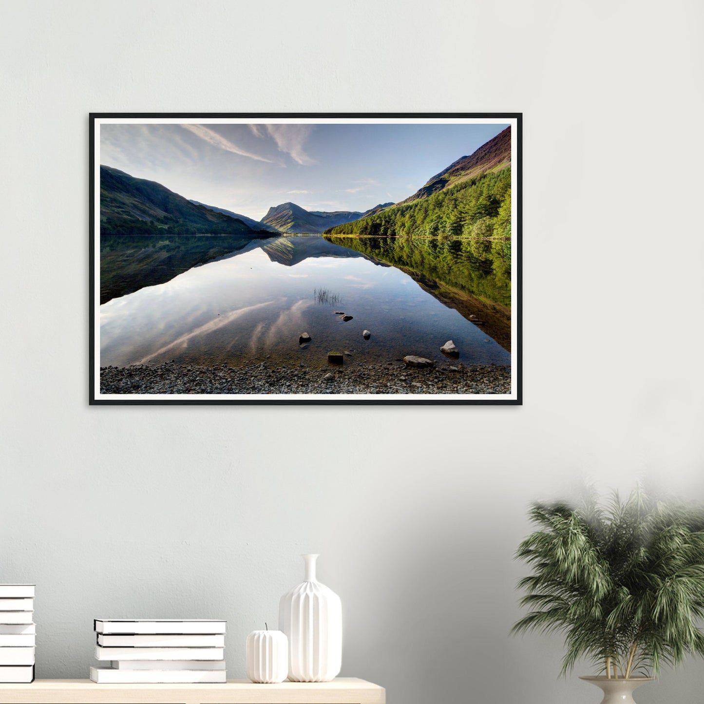 Lake District framed art of Buttermere reflections and fells