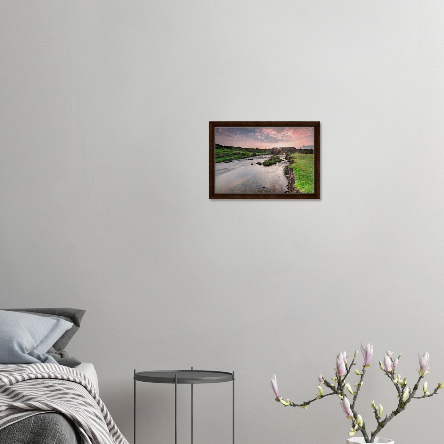 Tranquil sunrise scene at Cadover Bridge in framed wall art