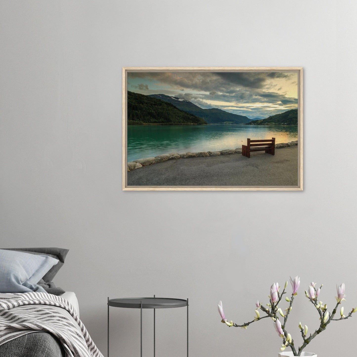 Serene fjordscape with sunset sky in framed canvas print