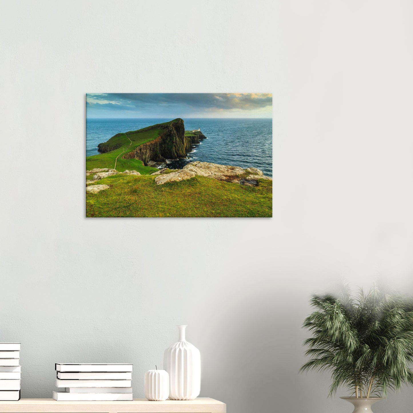 Dramatic coastal scene with steep cliffs and rolling grasslands at Neist Point, Isle of Skye.